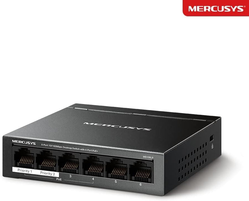 Mercusys 6-Port 10/100Mbps Desktop Switch with 4-Port PoE+, Metal Case, RJ45 Hub, MS106LP