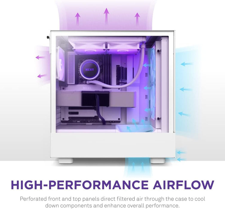 NZXT H5 Flow RGB White Gaming PC Case ATX, Mid Tower Case, Airflow, Tempered Glass, RGB Fans