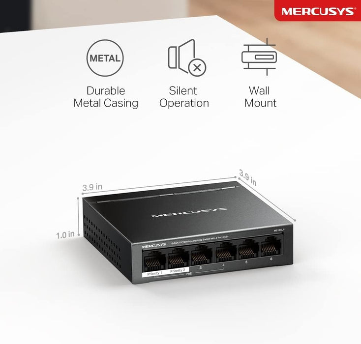 Mercusys 6-Port 10/100Mbps Desktop Switch with 4-Port PoE+, Metal Case, RJ45 Hub, MS106LP