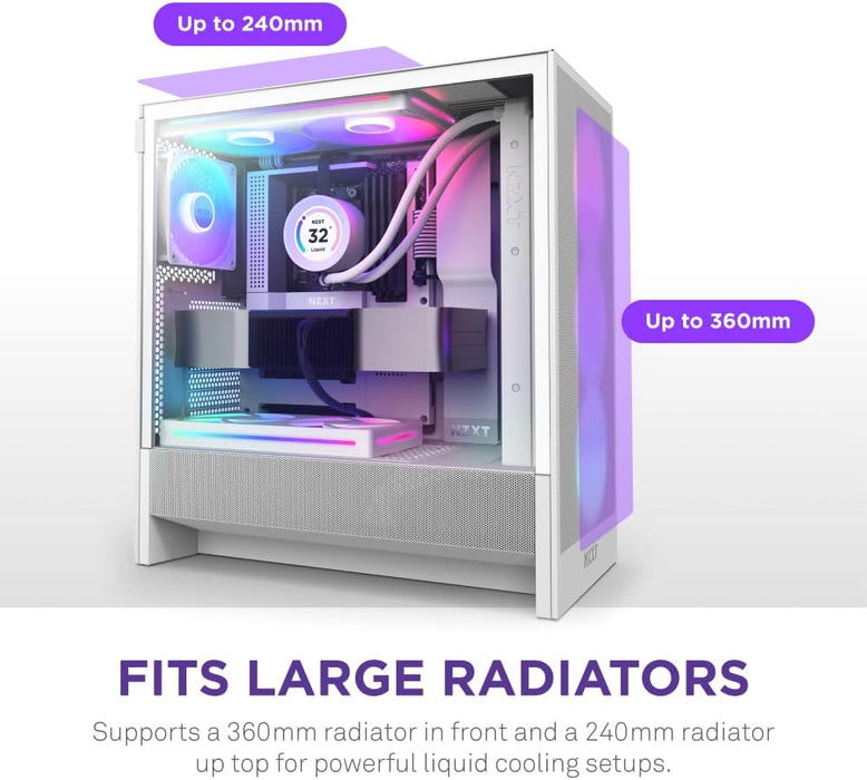 NZXT H5 Flow RGB White 2024 Edition Gaming PC Case Mid Tower Tempered Glass ATX Airflow Case