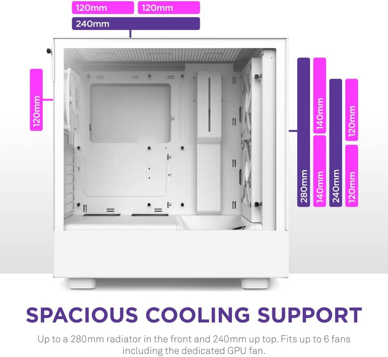 NZXT H5 Flow RGB White Gaming PC Case ATX, Mid Tower Case, Airflow, Tempered Glass, RGB Fans