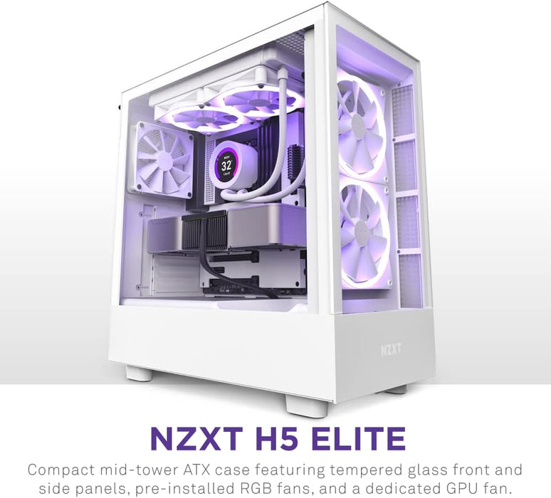 NZXT H5 Elite Gaming ATX PC Case Mid Tower, Tempered Glass, E-ATX (Up to 272mm), White