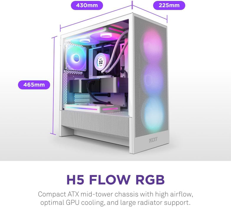 NZXT H5 Flow RGB White 2024 Edition Gaming PC Case Mid Tower Tempered Glass ATX Airflow Case