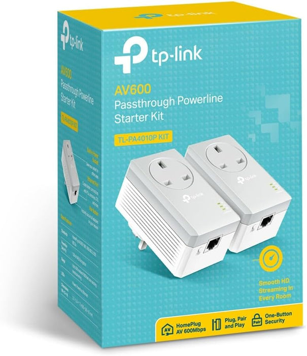 TP-LINK AV600 10/100 Powerline Adapter Kit, 1-Port, AC Pass Through, Range Extender TL-PA4010P