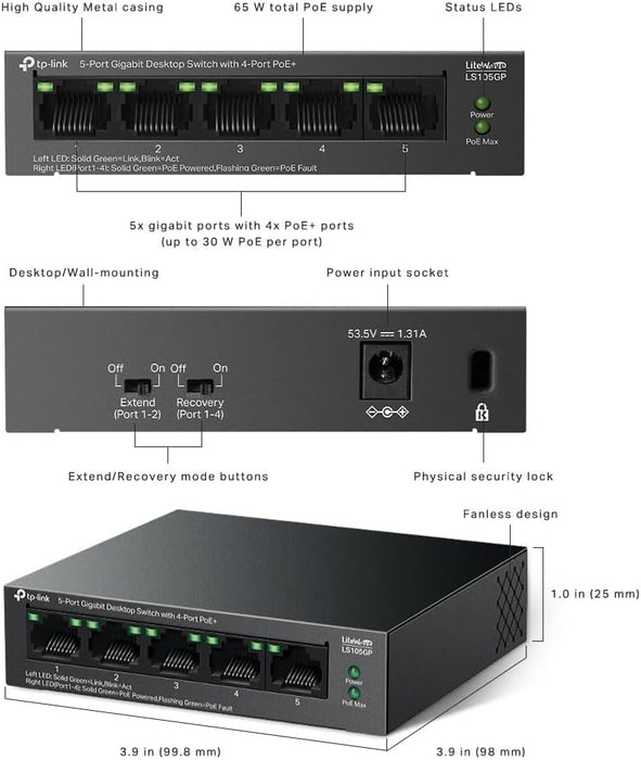 TP-Link 5-Port Gigabit Desktop LiteWave Switch with 4-Port PoE+, Metal Casing, LS105GP