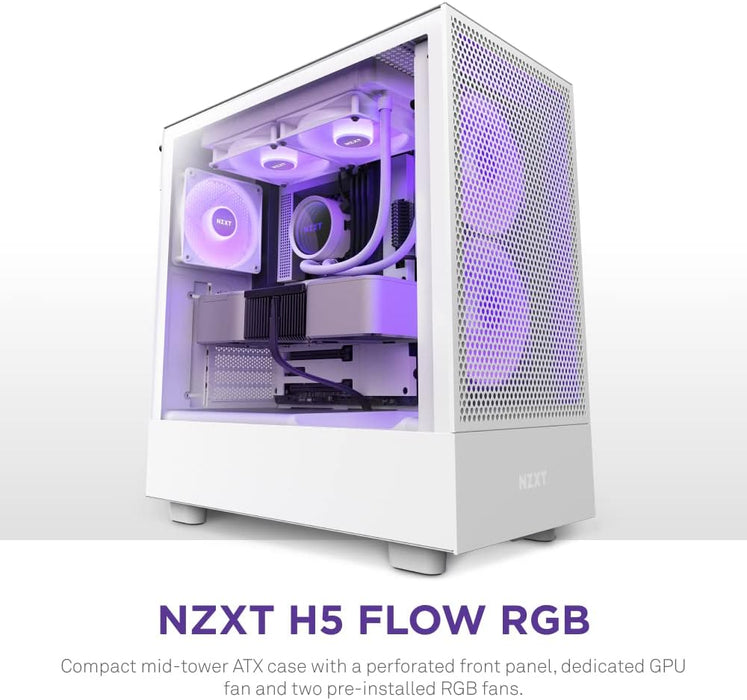 NZXT H5 Flow RGB White Gaming PC Case ATX, Mid Tower Case, Airflow, Tempered Glass, RGB Fans