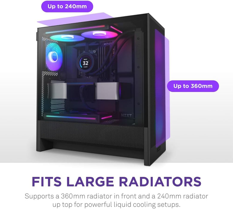 NZXT H5 Flow RGB (2024) ATX Gaming PC Case Black Mid Tower Tempered Glass, Airflow Case