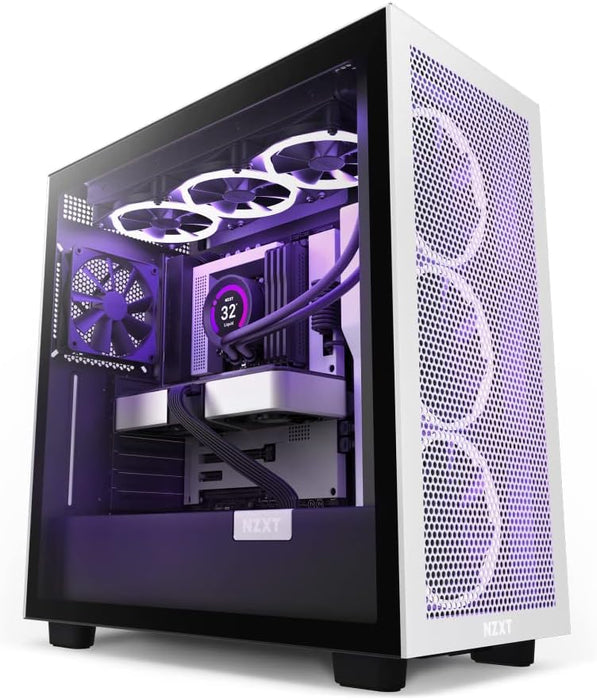 NZXT H7 Flow ATX Mid Tower Gaming PC Case, Integrated RGB Lightning, Tempered Glass, White / Black, CM-H71FG-01