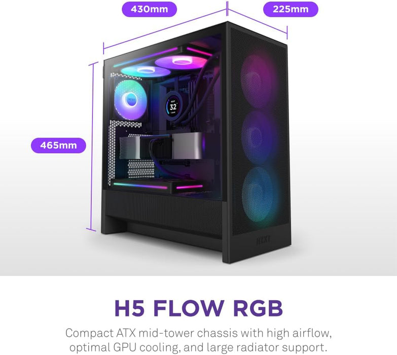 NZXT H5 Flow RGB (2024) ATX Gaming PC Case Black Mid Tower Tempered Glass, Airflow Case