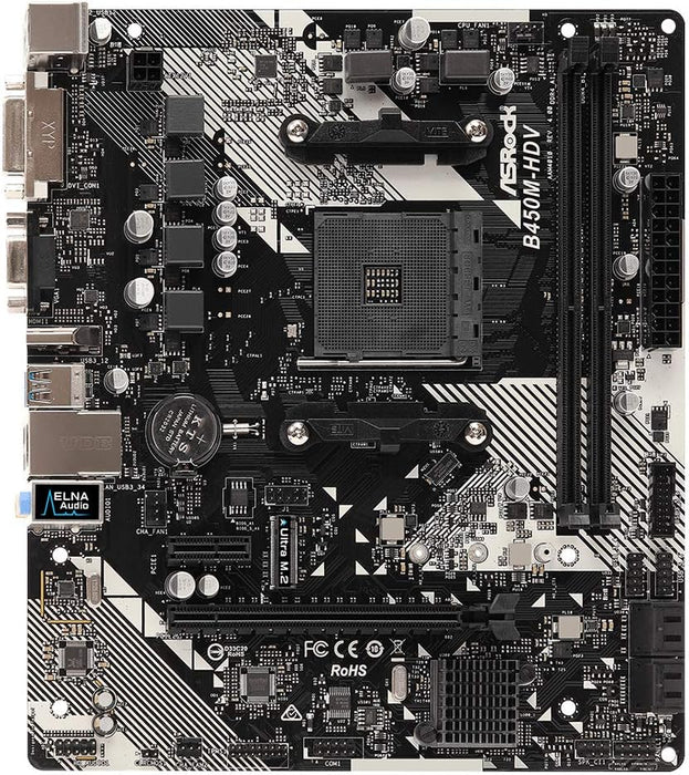 Asrock B450M-HDV R.40 M-ATX Motherboard, AMD B450, AM4, Micro ATX, DDR4, VGA, DVI, HDMI, M.2