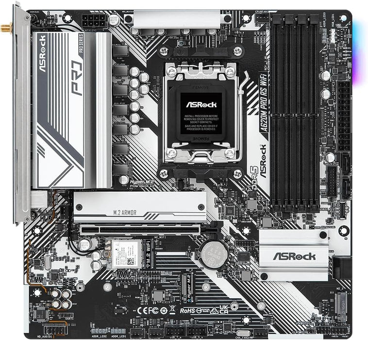 Asrock A620M PRO RS WiFi Motherboard, AMD A620, AM5, Micro ATX, DDR5, HDMI, DP, Wi-Fi 6E, GB LAN, PCIe4, RGB, M.2