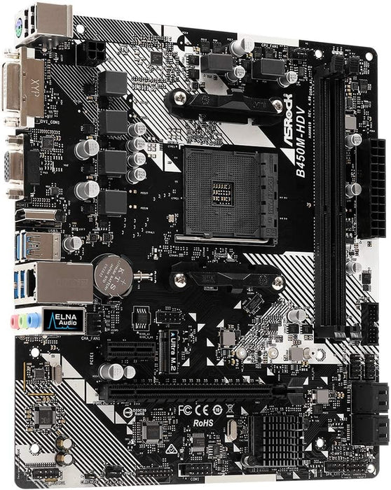 Asrock B450M-HDV R.40 M-ATX Motherboard, AMD B450, AM4, Micro ATX, DDR4, VGA, DVI, HDMI, M.2