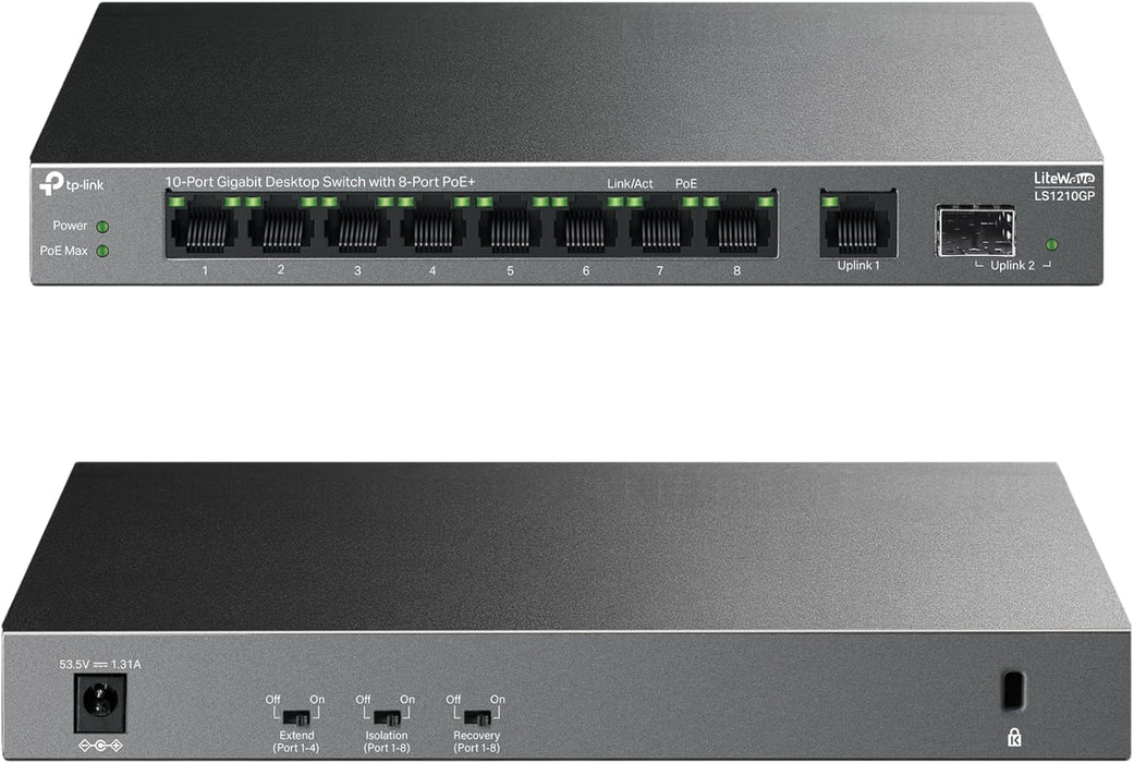 TP-Link 10-Port Gigabit Desktop LiteWave Switch with 8-Port PoE+, GB SFP Port, Ethernet Switch, Metal case, LS1210GP