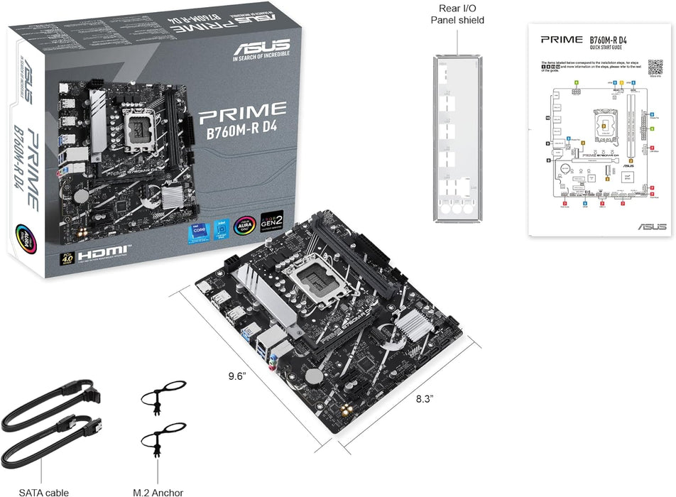 Asus Prime B760M-R D4 Gaming Motherboard, Intel B760, 1700, Micro ATX, DDR4, HDMI, 2.5G LAN, PCIe4, M.2