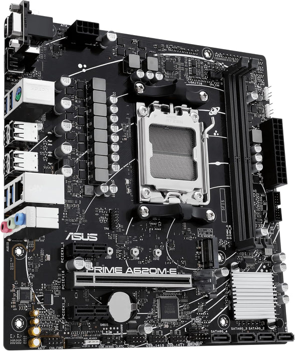 Asus Prime A620M-E Motherboard, AMD A620, AM5, Micro ATX, DDR5, VGA, GB LAN, PCIe4, M.2