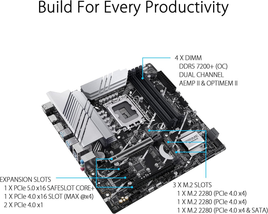 Asus Prime Z790M-Plus Gaming Motherboard, Intel Z790, 1700, Micro ATX, DDR5, HDMI, DP, GB LAN, PCIe5, M.2