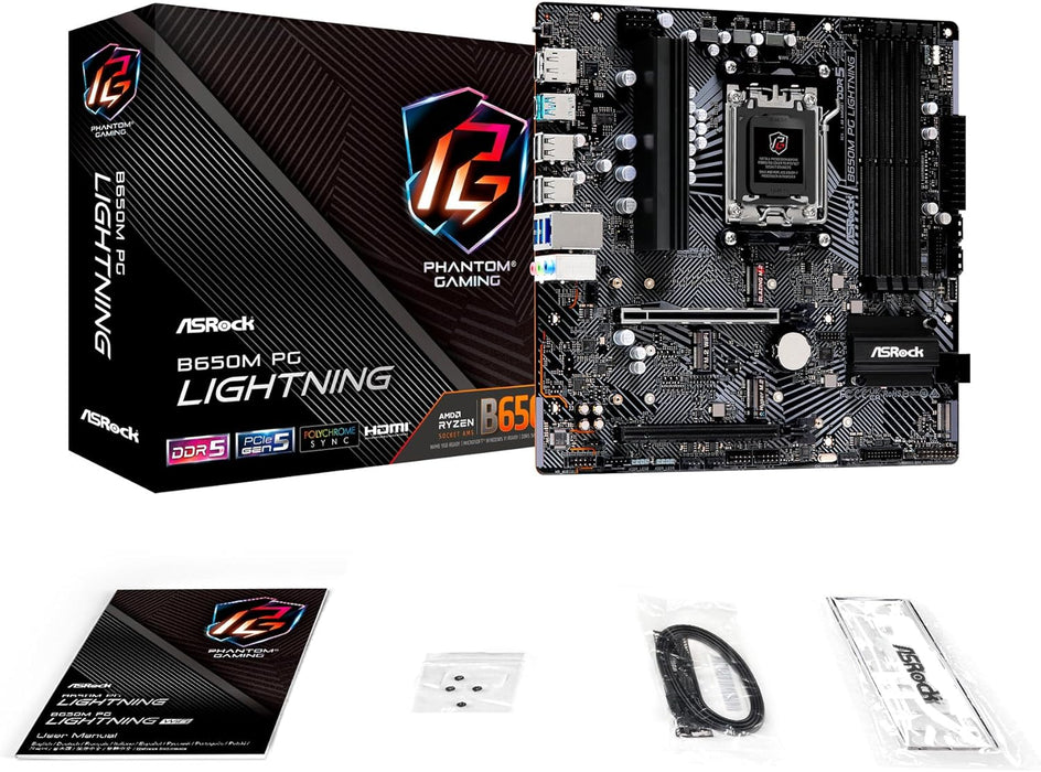 Asrock B650M PG Lightning Motherboard, AMD B650, AM5, Micro ATX, DDR5, HDMI, DP, 2.5G LAN, PCIe4, M.2