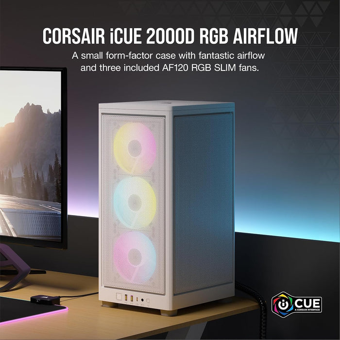 Corsair iCUE 2000D RGB Mini ITX Gaming PC Case Airflow, Steel Mesh, RGB Slim Fans, White