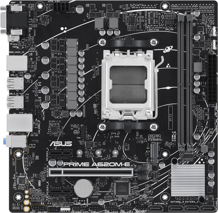 Asus Prime A620M-E Motherboard, AMD A620, AM5, Micro ATX, DDR5, VGA, GB LAN, PCIe4, M.2