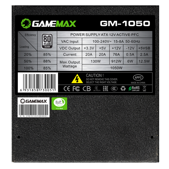 GameMax 1050W ATX Power Supply, Semi Modular, 80+ Silver PSU, Back & Green