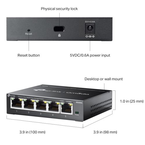 TP-Link ES205G Omada 5-Port Gigabit Easy Managed Switch Splitter, 5x GB Ports RJ45, Metal Casing