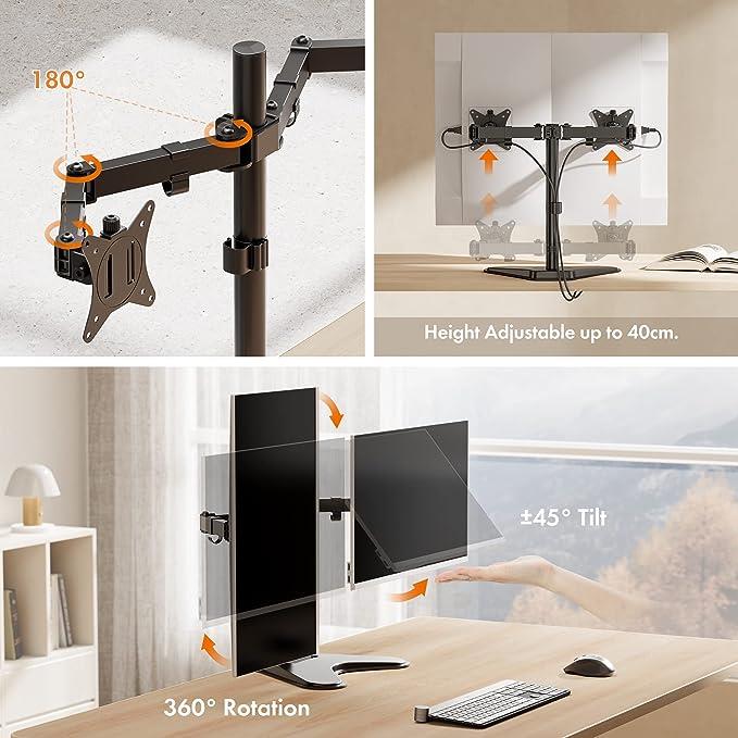 Jedel Dual Monitor Stand for 13-32" Screens, Twin Monitor Desk Mount