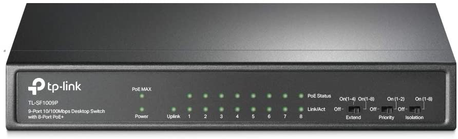 TP-LINK (TL-SF1009P) 9-Port 10/100 Unmanaged Desktop Switch, 8 Port PoE+, Steel Case