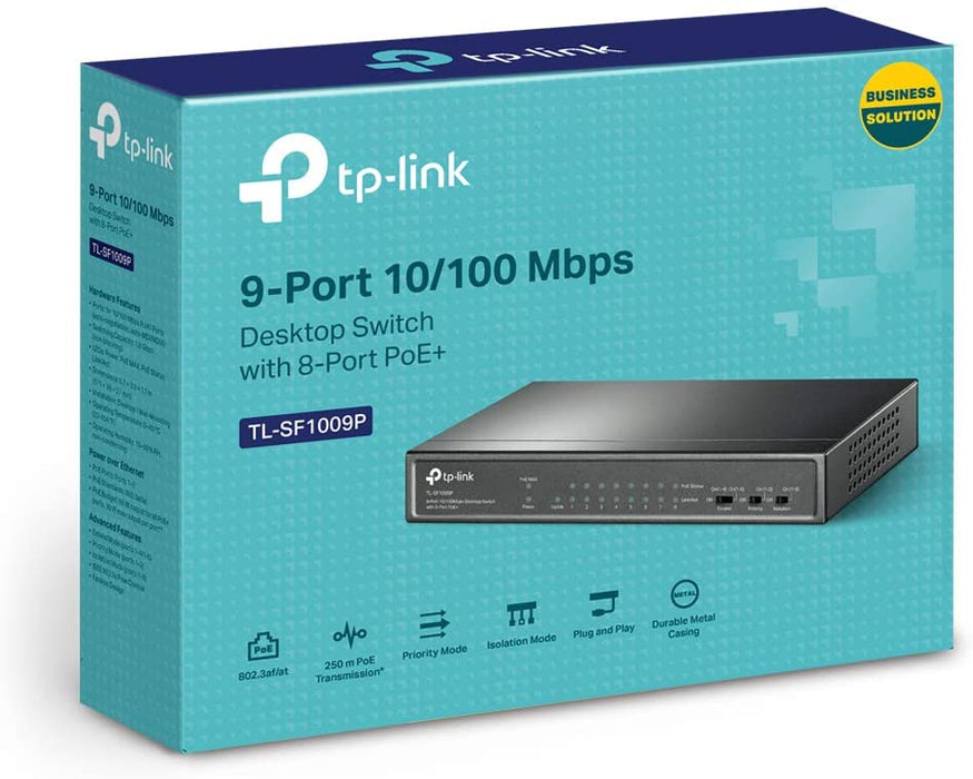 TP-LINK (TL-SF1009P) 9-Port 10/100 Unmanaged Desktop Switch, 8 Port PoE+, Steel Case