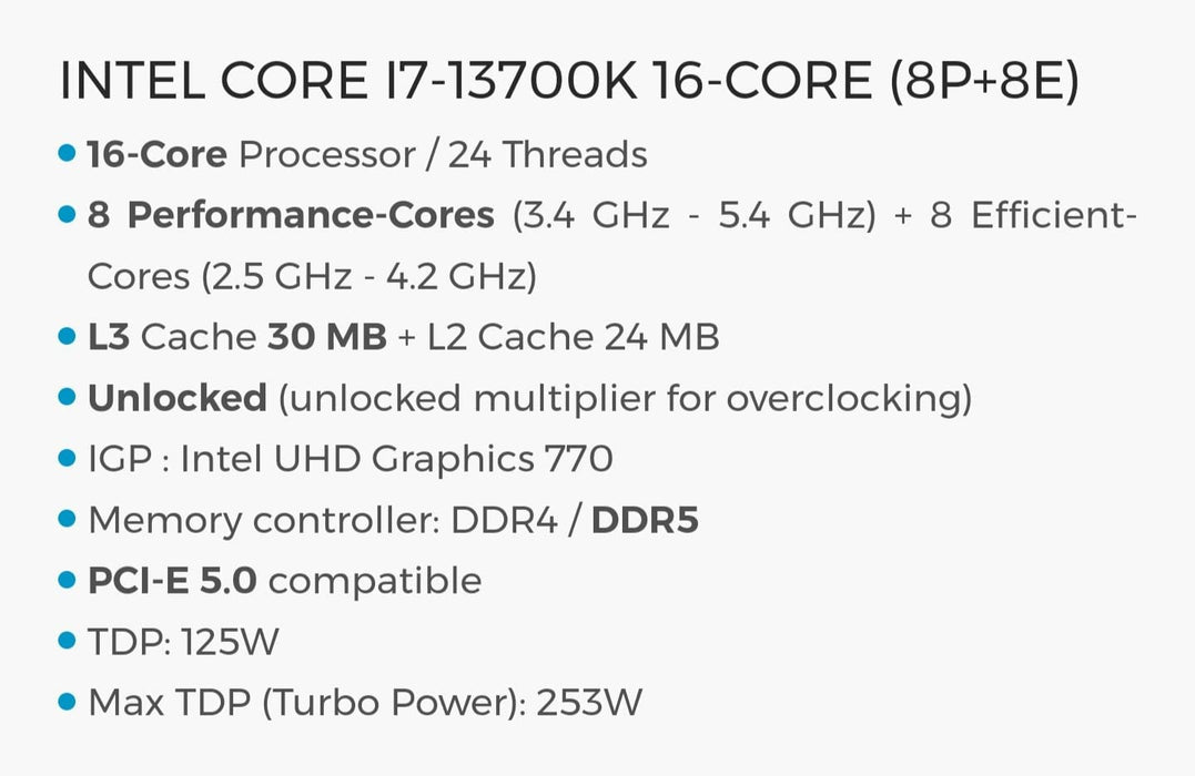 Intel Core i7 13700K CPU, 1700, 3.4 GHz (5.4 Turbo), 16-Core, 125W