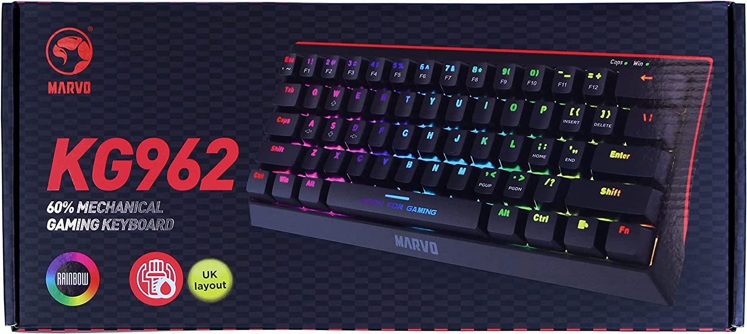 Marvo KG962 Mechanical Gaming Keyboard, 60 Percent Compact Format, Rainbow Backlit, Red Switches