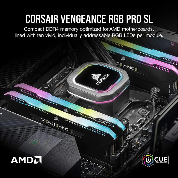 Corsair Vengeance RGB Pro SL 16GB Memory Kit (2 x 8GB), DDR4, 3600MHz (PC4-28800), CL18, XMP 2.0, Black, Ryzen Optimised